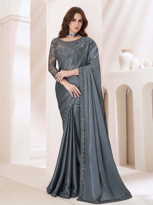 Dark Slate Gray Satin Georgette Silk Saree